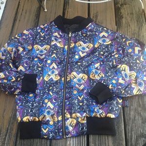 Satin Bomber Jacket S M Kuccia Eyes Black Purple Zig Zag Floral Vintage 80s 90s